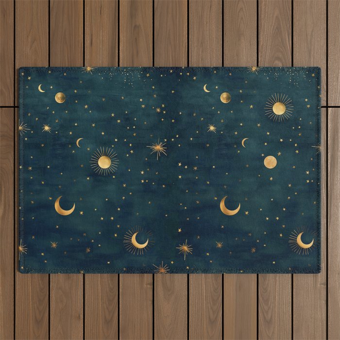 Golden Sun Moon and Stars Radiating the Universes Light Within You Outdoor Rug Gallery Image 1