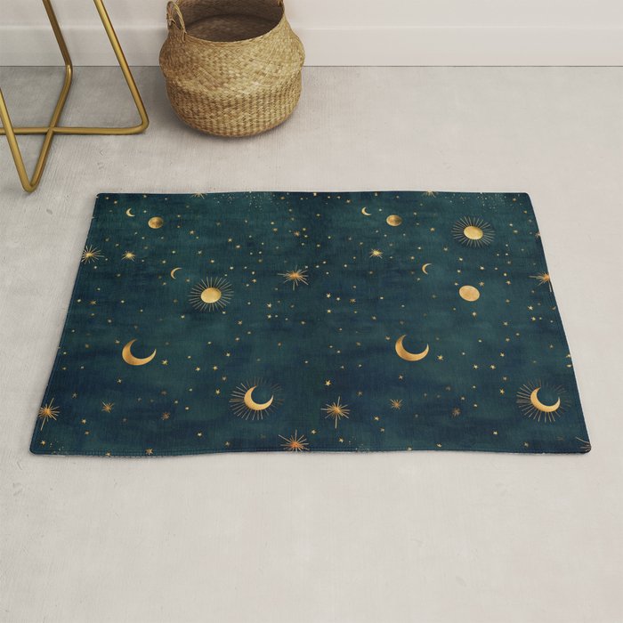 Golden Sun Moon and Stars Radiating the Universes Light Within You Rug Gallery Image 1