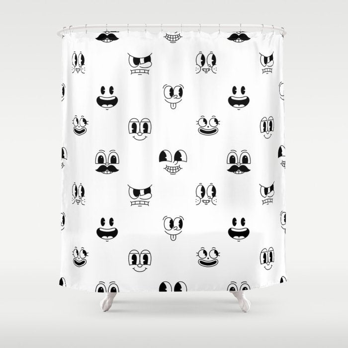 Vintage cartoon mascot face doodle pattern Shower Curtain Gallery Image 1