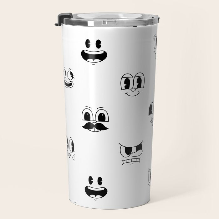 Vintage cartoon mascot face doodle pattern Travel Mug Gallery Image 3