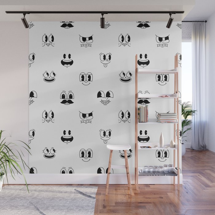 Vintage cartoon mascot face doodle pattern Wall Mural Gallery Image 1