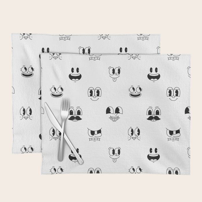 Vintage cartoon mascot face doodle pattern Placemat Gallery Image 1