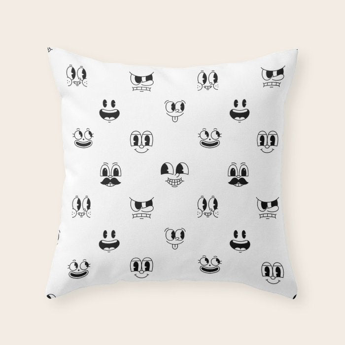 Vintage cartoon mascot face doodle pattern Throw Pillow Gallery Image 1