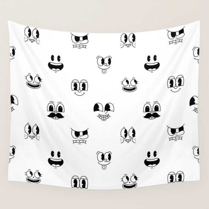 Vintage cartoon mascot face doodle pattern Wall Tapestry Gallery Image 4