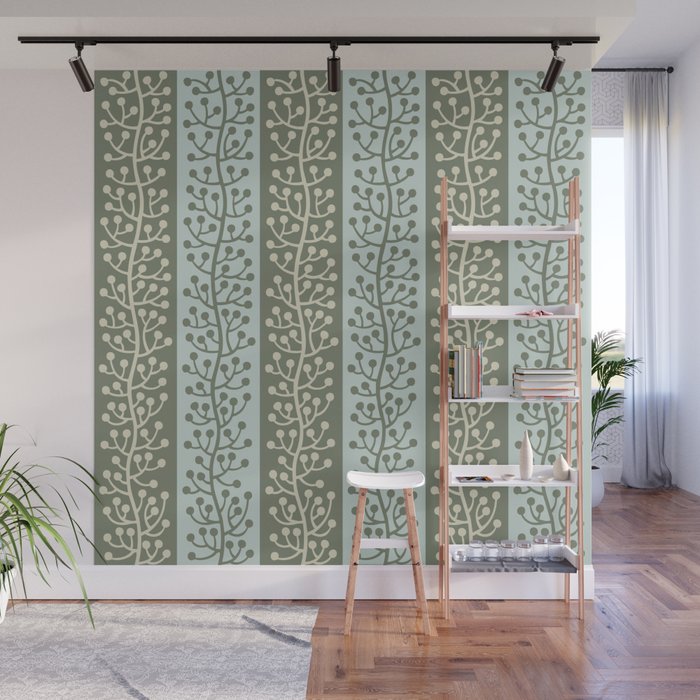 Mid Century Modern Berry Vine Sage and Mint Green Wall Mural Gallery Image 1