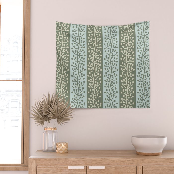 Mid Century Modern Berry Vine Sage and Mint Green Wall Tapestry Gallery Image 2