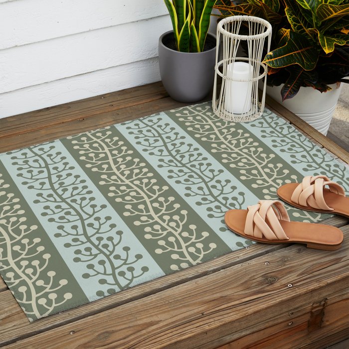 Mid Century Modern Berry Vine Sage and Mint Green Outdoor Rug Gallery Image 2