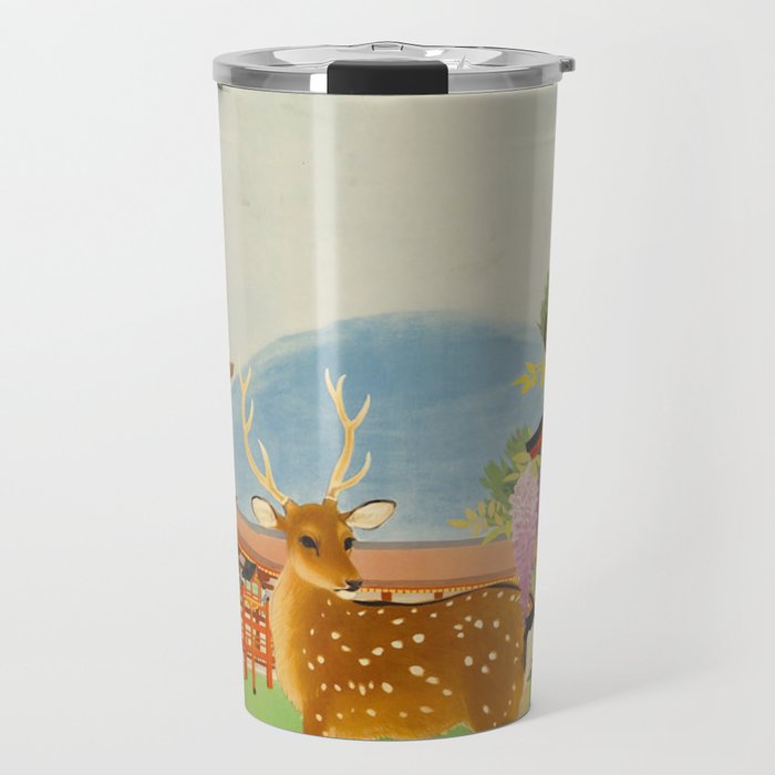 Vintage Mid Century Modern Japan Travel Poster Deer Red Pagoda Wisteria Garden Travel Mug Gallery Image 1
