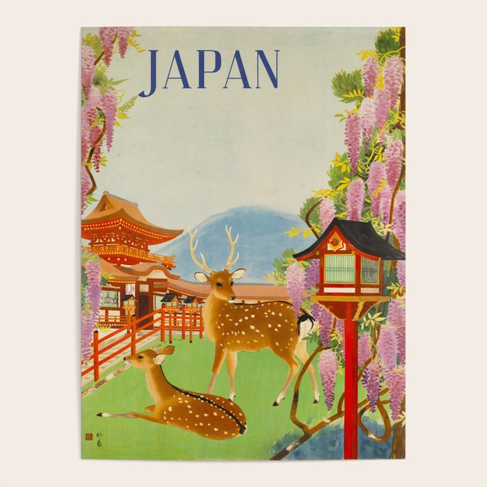Vintage Mid Century Modern Japan Travel Poster Deer Red Pagoda Wisteria Garden Poster Gallery Image 4