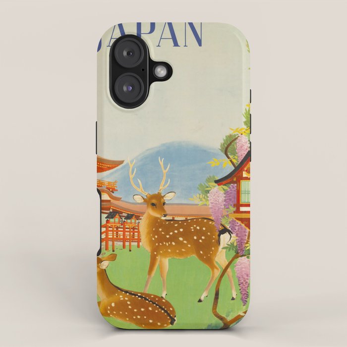 Vintage Mid Century Modern Japan Travel Poster Deer Red Pagoda Wisteria Garden iPhone Case Gallery Image 1