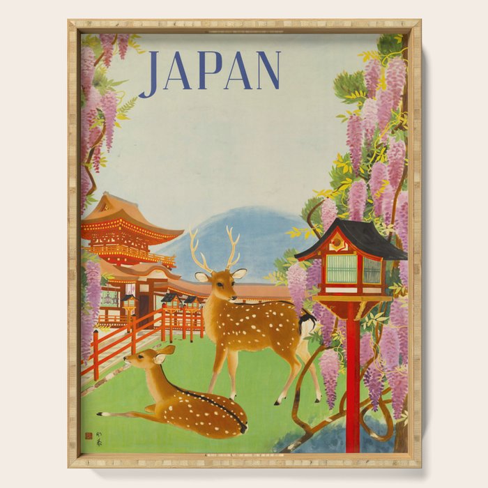 Vintage Mid Century Modern Japan Travel Poster Deer Red Pagoda Wisteria Garden Serving Tray Gallery Image 1