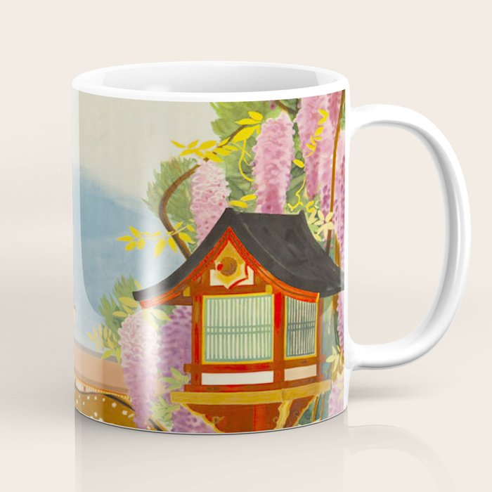 Vintage Mid Century Modern Japan Travel Poster Deer Red Pagoda Wisteria Garden Coffee Mug Gallery Image 1