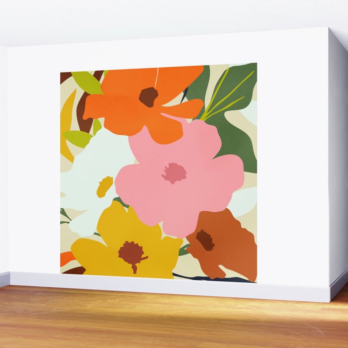 Hello Spring, Floral Nature Pastel Botanical Painting, Bohemian Mid-Century Contemporary Eclectic Plants Garden Wall Mural Gallery Image 2