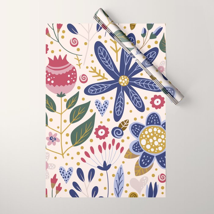 Cute, Festive, Flower Garden, Floral Prints, Pink and Blue Wrapping Paper Gallery Image 1