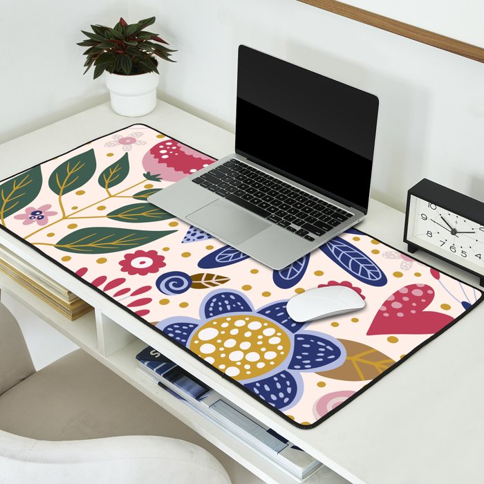 Cute, Festive, Flower Garden, Floral Prints, Pink and Blue Desk Mat Gallery Image 2