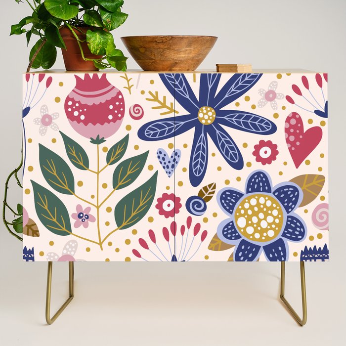 Cute, Festive, Flower Garden, Floral Prints, Pink and Blue Credenza Gallery Image 1