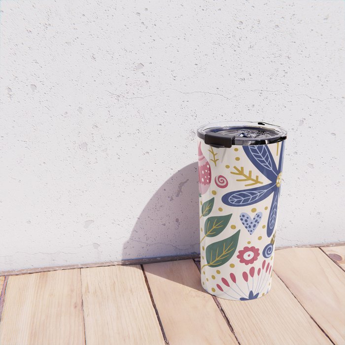 Cute, Festive, Flower Garden, Floral Prints, Pink and Blue Travel Mug Gallery Image 4