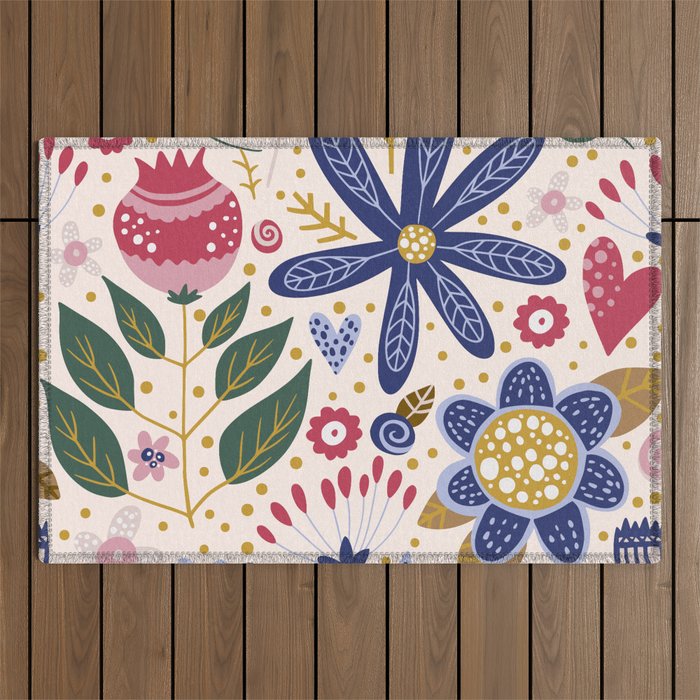 Cute, Festive, Flower Garden, Floral Prints, Pink and Blue Outdoor Rug Gallery Image 1