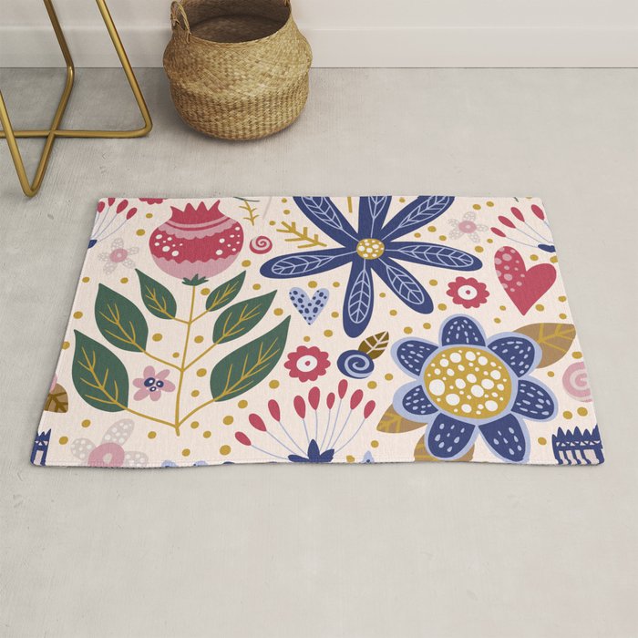 Cute, Festive, Flower Garden, Floral Prints, Pink and Blue Rug Gallery Image 1
