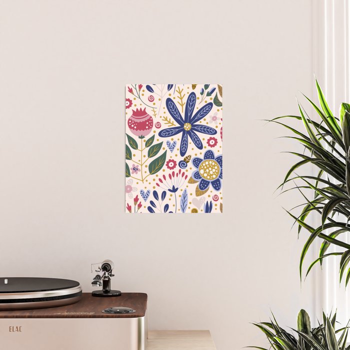Cute, Festive, Flower Garden, Floral Prints, Pink and Blue Poster Gallery Image 2