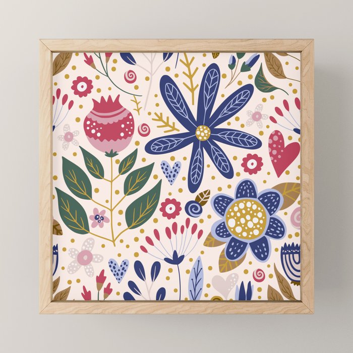 Cute, Festive, Flower Garden, Floral Prints, Pink and Blue Mini Art Print Gallery Image 1