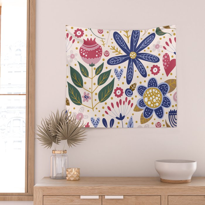 Cute, Festive, Flower Garden, Floral Prints, Pink and Blue Wall Tapestry Gallery Image 2
