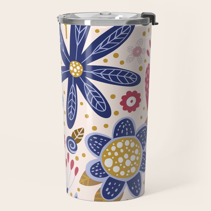 Cute, Festive, Flower Garden, Floral Prints, Pink and Blue Travel Mug Gallery Image 2