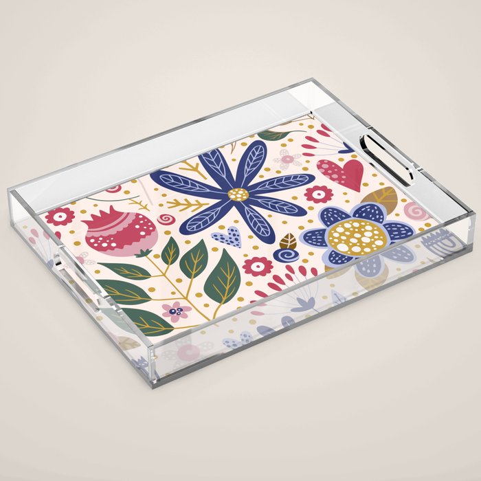 Cute, Festive, Flower Garden, Floral Prints, Pink and Blue Acrylic Tray Gallery Image 1