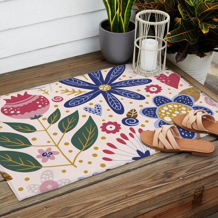 Cute, Festive, Flower Garden, Floral Prints, Pink and Blue Outdoor Rug Gallery Image 2