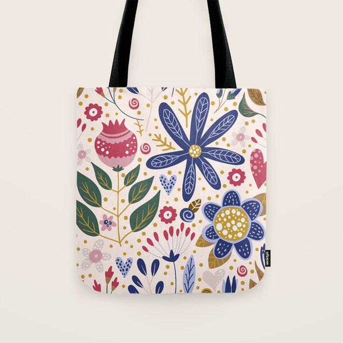Cute, Festive, Flower Garden, Floral Prints, Pink and Blue Tote Bag Gallery Image 1