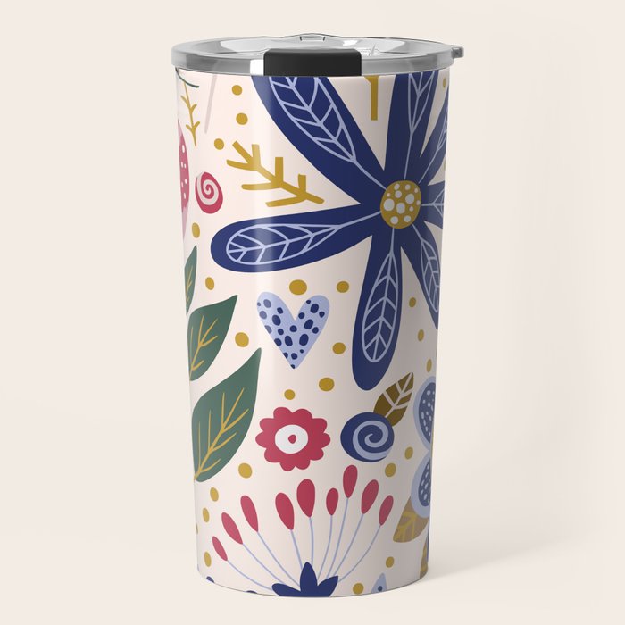Cute, Festive, Flower Garden, Floral Prints, Pink and Blue Travel Mug Gallery Image 1