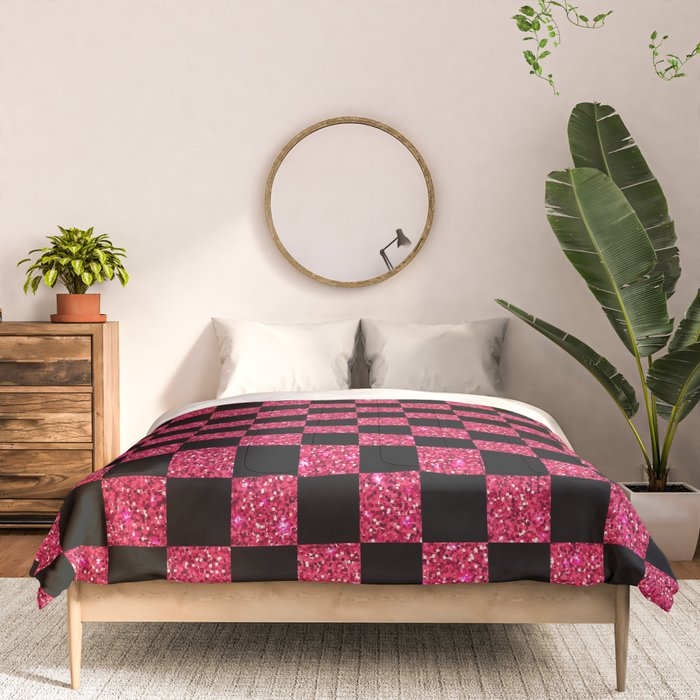 Pink Glitter Checkered Print in Black Comforter Gallery Image 3