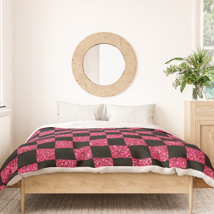 Pink Glitter Checkered Print in Black Duvet Cover Gallery Image 3
