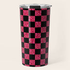 Pink Glitter Checkered Print in Black Travel Mug Gallery Image 1