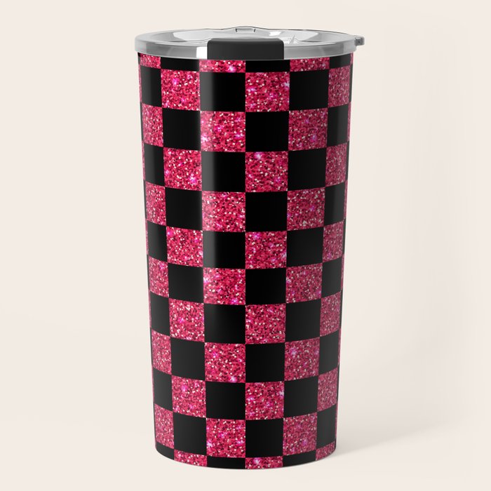 Pink Glitter Checkered Print in Black Travel Mug Gallery Image 1