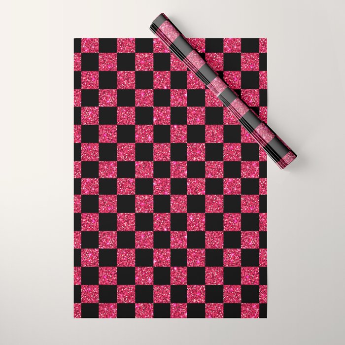 Pink Glitter Checkered Print in Black Wrapping Paper Gallery Image 1