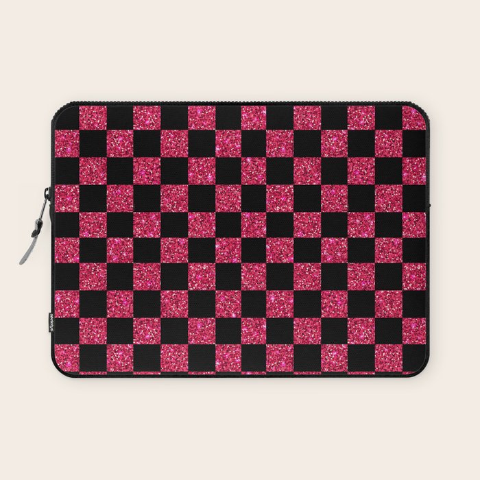 Pink Glitter Checkered Print in Black Laptop Sleeve Gallery Image 1