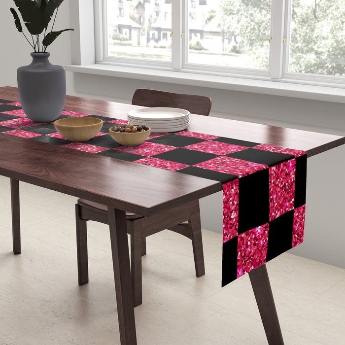 Pink Glitter Checkered Print in Black Table Runner Gallery Image 2