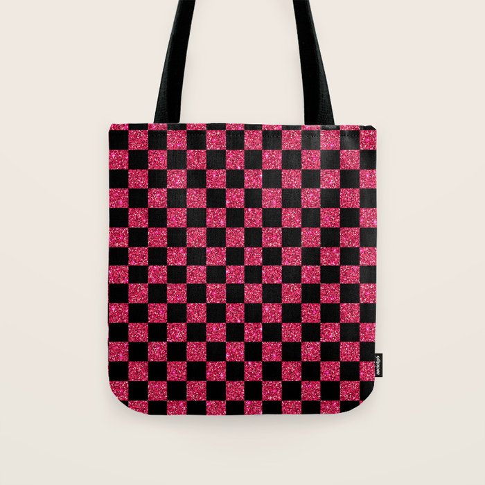 Pink Glitter Checkered Print in Black Tote Bag Gallery Image 1