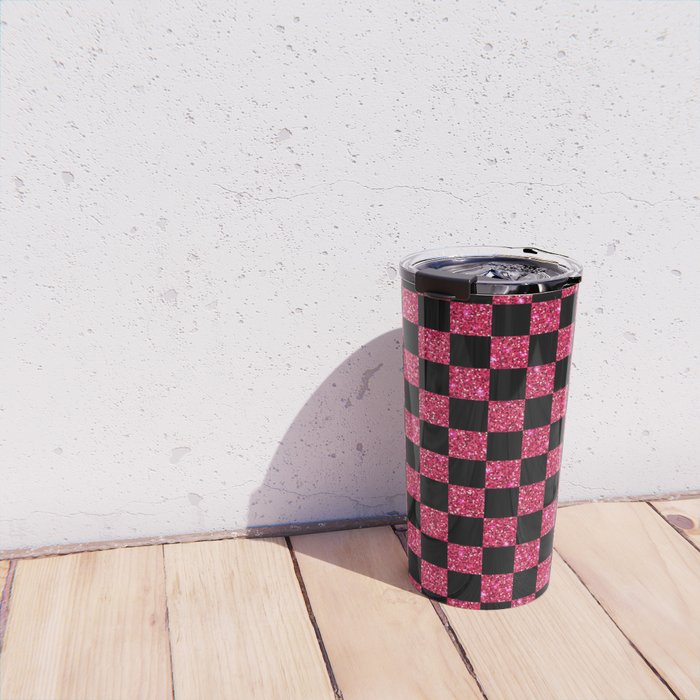Pink Glitter Checkered Print in Black Travel Mug Gallery Image 4