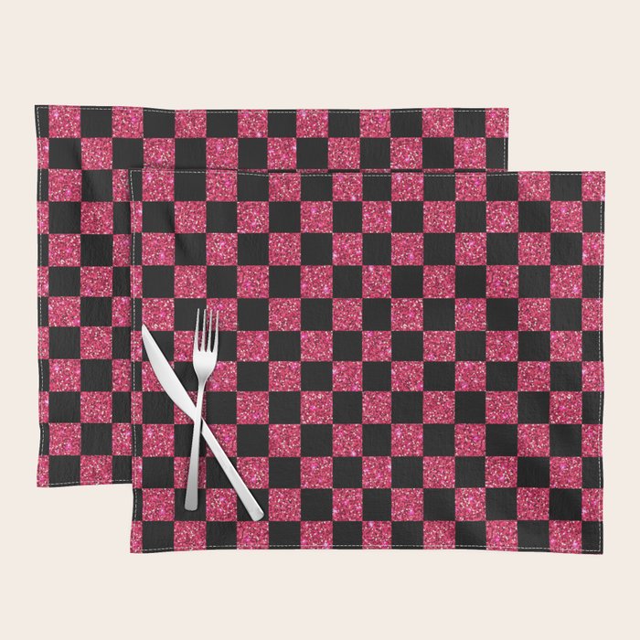 Pink Glitter Checkered Print in Black Placemat Gallery Image 1