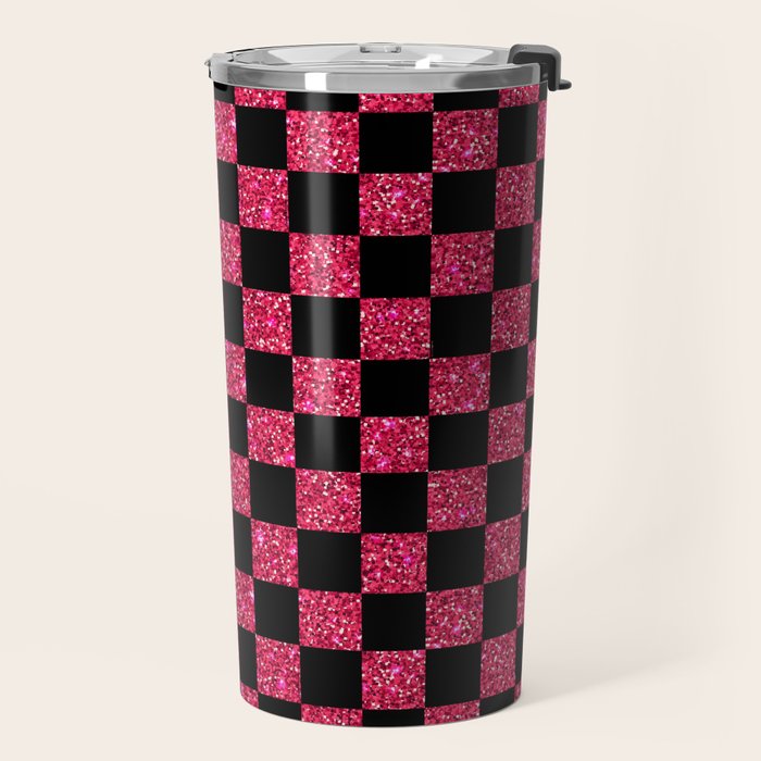 Pink Glitter Checkered Print in Black Travel Mug Gallery Image 2
