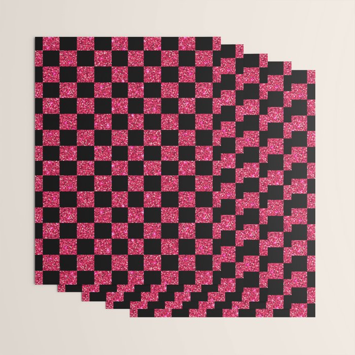 Pink Glitter Checkered Print in Black Wrapping Paper Gallery Image 3