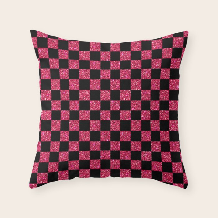 Pink Glitter Checkered Print in Black Throw Pillow Gallery Image 6