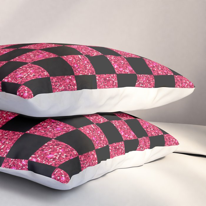 Pink Glitter Checkered Print in Black Pillow Sham Gallery Image 3
