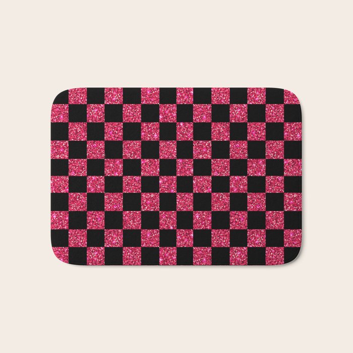 Pink Glitter Checkered Print in Black Bath Mat Gallery Image 1