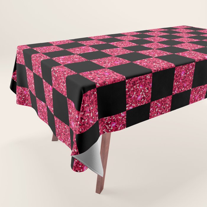 Pink Glitter Checkered Print in Black Tablecloth