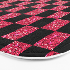 Pink Glitter Checkered Print in Black Bath Mat Gallery Image 3