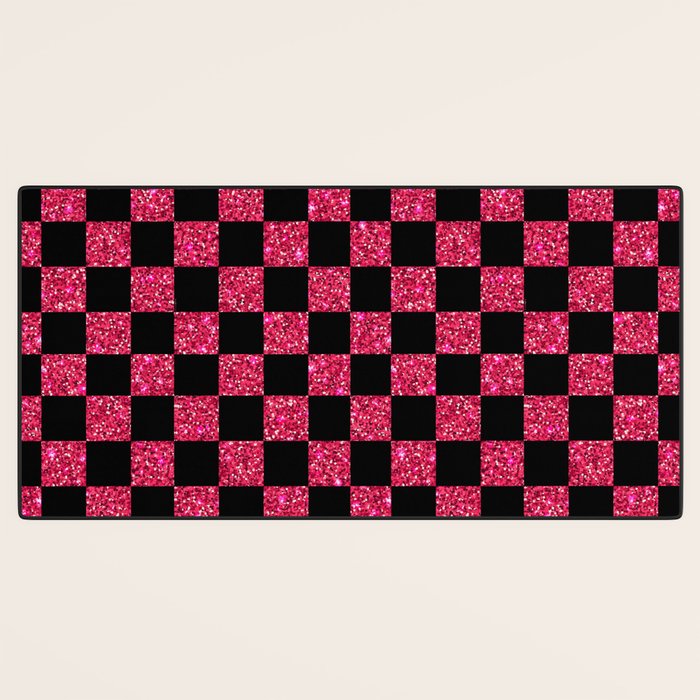 Pink Glitter Checkered Print in Black Desk Mat Gallery Image 3