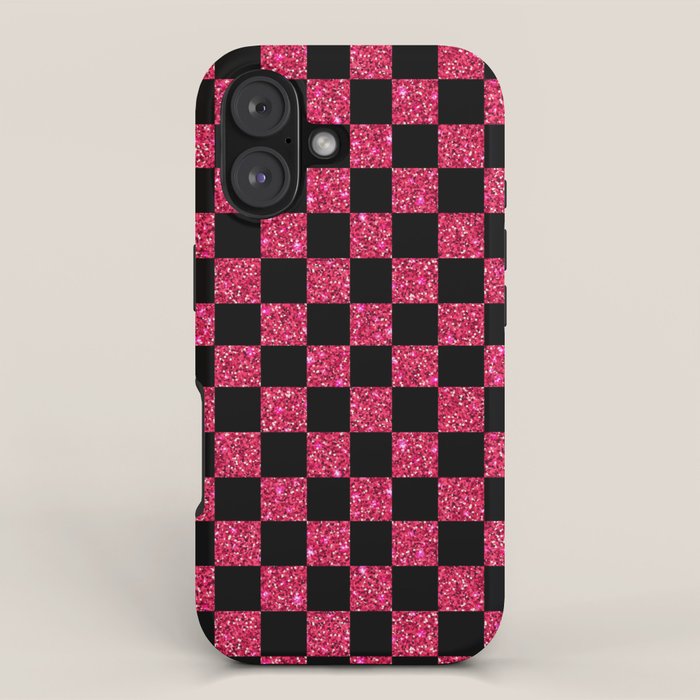 Pink Glitter Checkered Print in Black iPhone Case Gallery Image 1